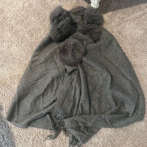Gray Faux Fur Trimmed Shawl